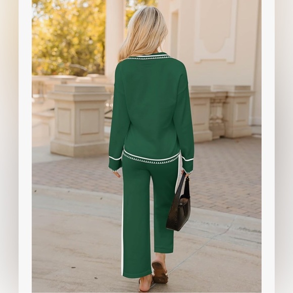 ZESICA 2 Piece Fall Outfits Long Sleeve V Neck Knit Sweater Tops Wide Leg Pants - Picture 3 of 5